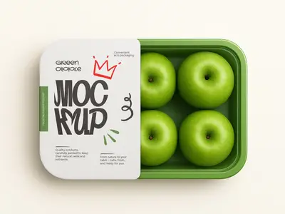 Food Tray Packaging Mockup - Realistic Fresh Green Apple Container with Label Design 1666886485