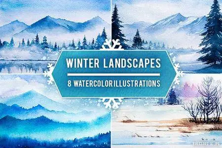 CreativeMarket - Winter Landscapes set#2. Watercolor.