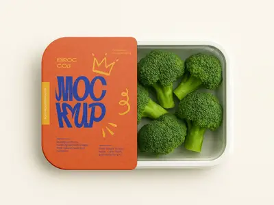 Food Tray Packaging Mockup - Realistic Fresh Broccoli Container with Label Design 1666888961