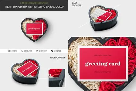 Greeting Card on Heart Shaped Box PSD Mockups Templates