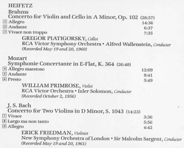 Double Concertos - Brahms, Bach and Mozart / Heifetz - Piatigorsky - Friedman - Primrose