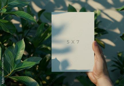 Wedding Card Mockup Against The Green Leaves With Mens Hand and Generative ai 797742173