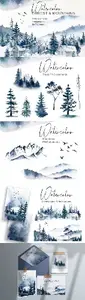 Watercolor Forest & Mountain clipart. Winter landscape 2346142