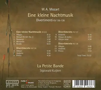 Sigiswald Kuijken, La Petite Bande - Wolfgang Amadeus Mozart: Eine kleine Nachtmusik, Divertimenti KV 136-138 (2021)