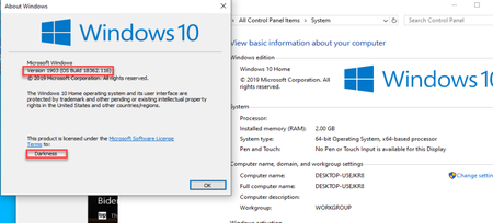 Microsoft Windows 10 Home Edition 1903 (OS Build 18362.116) May 2019