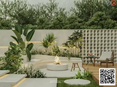 Courtyard Garden with Fireplace - 3D Model