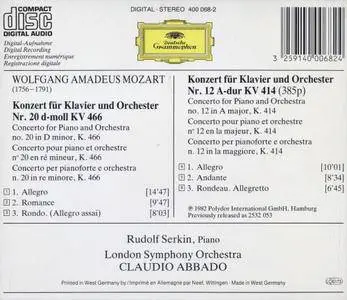 Rudolf Serkin, Claudio Abbado - Mozart: Piano Concertos Nos. 20 & 12 (1982)