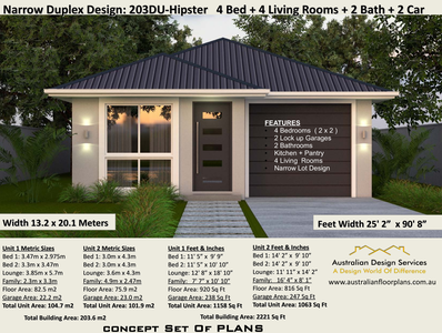 4 Bedroom Dual Family House Plan- 2x2 Duplex Floor Plan