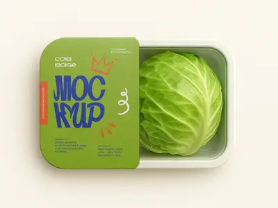 Food Tray Packaging Mockup - Realistic Fresh Cabbage Container with Label Design 1668385873