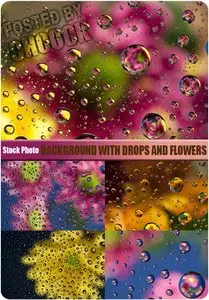 Background with drops and flowers - Stock Photo