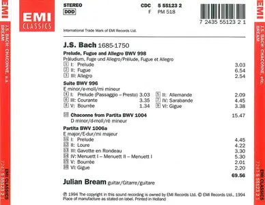 Julian Bream - J.S. Bach: Prelude, Fugue and Allegro BWV 998; Suite BWV 996; Chaconne from Parita No.2; Partita No.3 (1994)