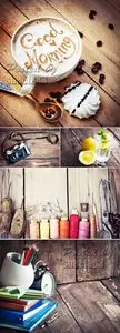 Stock Photo - Various Objects on Wooden Background