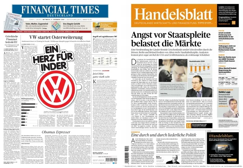 FinancialTimes Deutschland  & Handelsblatt vom 09.12.2009