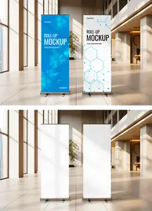 Two Roll Up Banner Mockups in Modern Lobby 1705372355