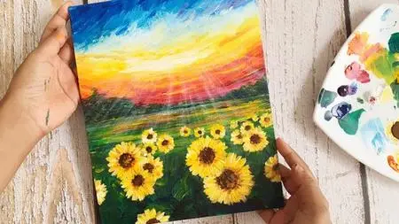 Sunflower Field & Sunset Sky - Acrylic Painting Online Class