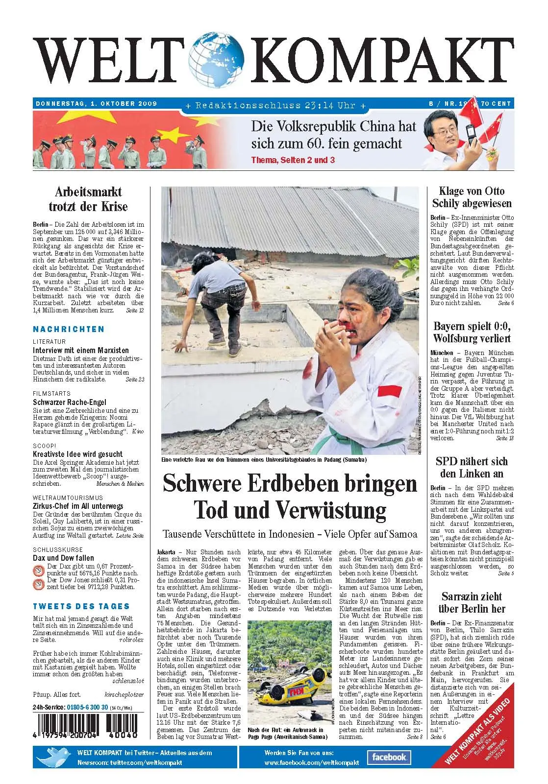 Die Welt kompakt vom 1. Oktober 2009