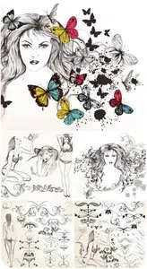 Girls, butterflies and design elements vector
