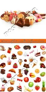 Sweet and fruits on white background vector