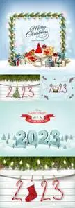 Vector merry christmas and happy new year background with winter landscape colorful gift boxes with santa hat