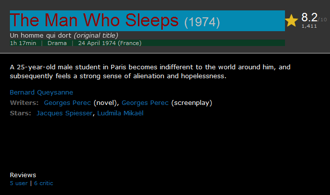 Un homme qui dort / The Man Who Sleeps (1974)