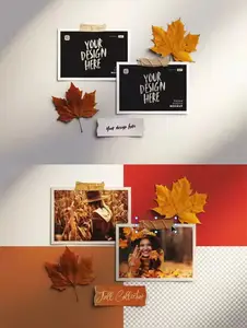 Moodboard with Photos and Autumn Leaves - PSD Mockup Template