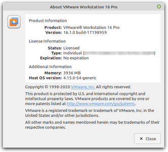 VMware Workstation Pro 16.1.0 Build 17198959 Linux