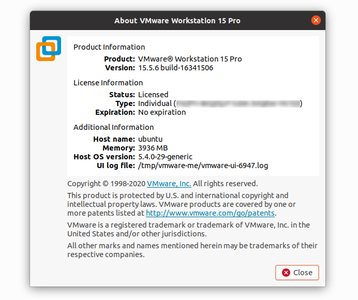VMware Workstation Pro 15.5.6 Build 16341506 Linux