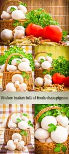 Wicker basket full of fresh champignon mushrooms