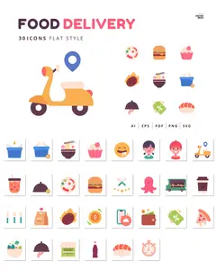 EE - 30 Icons Food Delivery Flat Style 2GY2N75