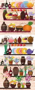 Shelves with Products & Flowers Vector