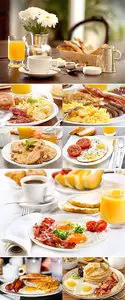 Stock Photo: Breakfast with fried eggs, coffee, juice, croissant and fruits