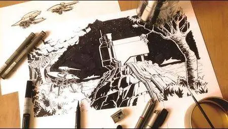 Create a sci fi landscape illustration using pen and ink