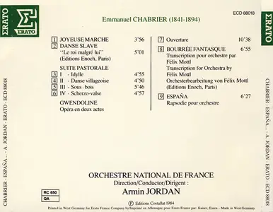 Armin Jordan, Orchestre National de France - Chabrier: España; Suite pastorale; Gwendoline Overture; Bourrée fantasque (1984)