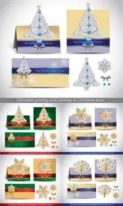 Vector Set - Christmas Greeting Card with Envelope and Decor