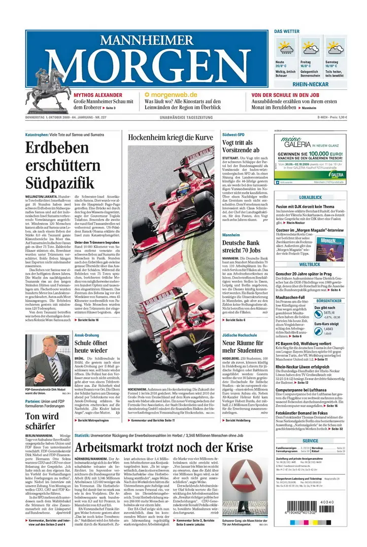 Mannheimer Morgen vom 1. Oktober 2009