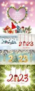 Happy new year background with a 2023 letters christmas abstract tree and glowing christmas tree lights vector