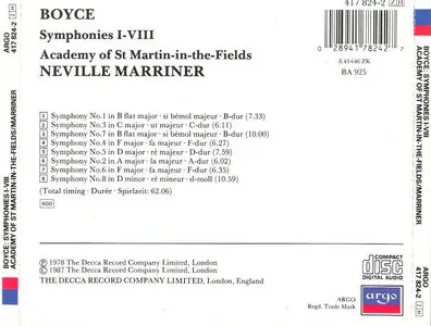 William Boyce: 8 Symphonies, op.2 / Academy of St Martins in the Fields, Neville Marriner (1987)