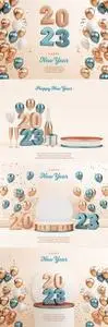 PSD 2023 festive flyer background with metallic numbers on a podium gold balloons and copy space