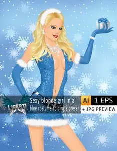Sexy blonde girl in a blue costume holding a present