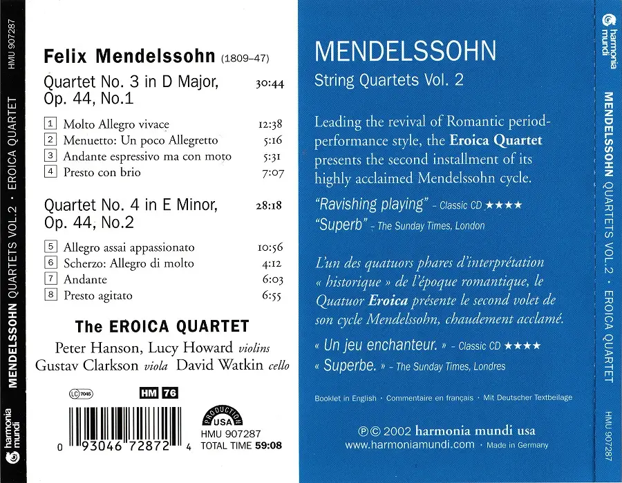 The Eroica Quartet - Felix Mendelssohn: String Quartets, Vol. 2 (2002 ...