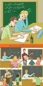 Teacher at blackboard asks children vector