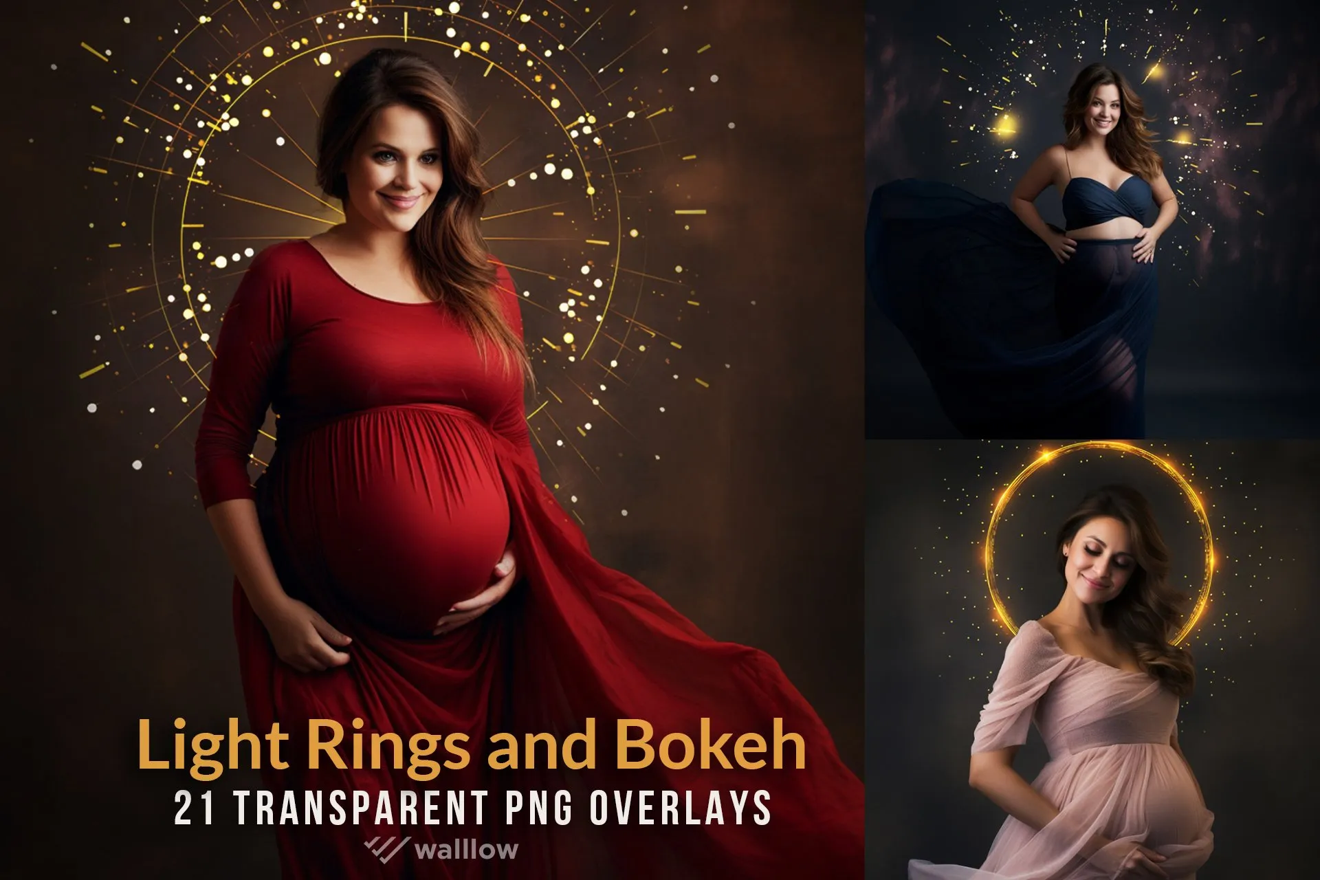 21 Maternity golden halo light ring overlays PNG for Photoshop