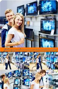 Girl and guy in the store consumer electronics television photos