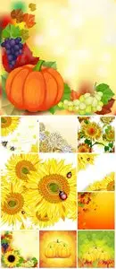 Autumn vector background, pumpkins and sunflowers