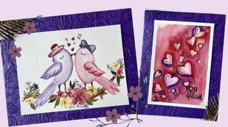 Watercolor Valentine Love Cards with Cute Love Birds and Floating Hearts