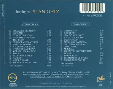 Stan Getz - Highlights (Comp. 1990) (Verve - Digitally Remastered By Dennis Drake) (2-CD)