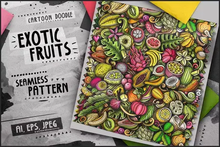 EE - Tropical Fruits Doodle Cartoon Seamless Pattern E25JGQV