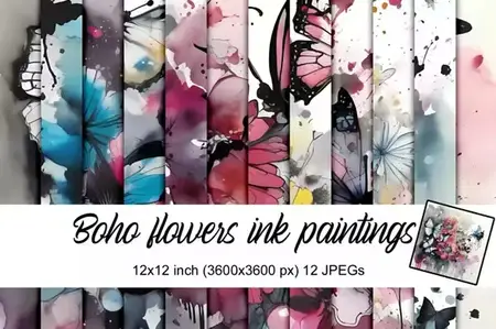 Boho Flowers Ink Paintings - 12 Digital Images