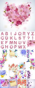 Stock Vector - Alphabet with Cherry Flowers and Backgrounds with Spring Flowers and Hummingbirds