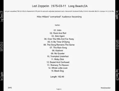 Led Zeppelin - Long Beach Arena, Long Beach, CA - March 11th 1975 (Mike Millard "Unmarked" Audience Recording)